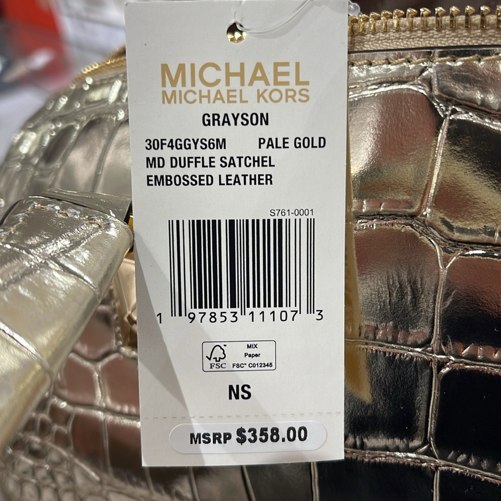 Michael Kors Grayson Md Metallic Crocodile Embossed Leather Satchel
Pale Gold - Picture 14 of 16